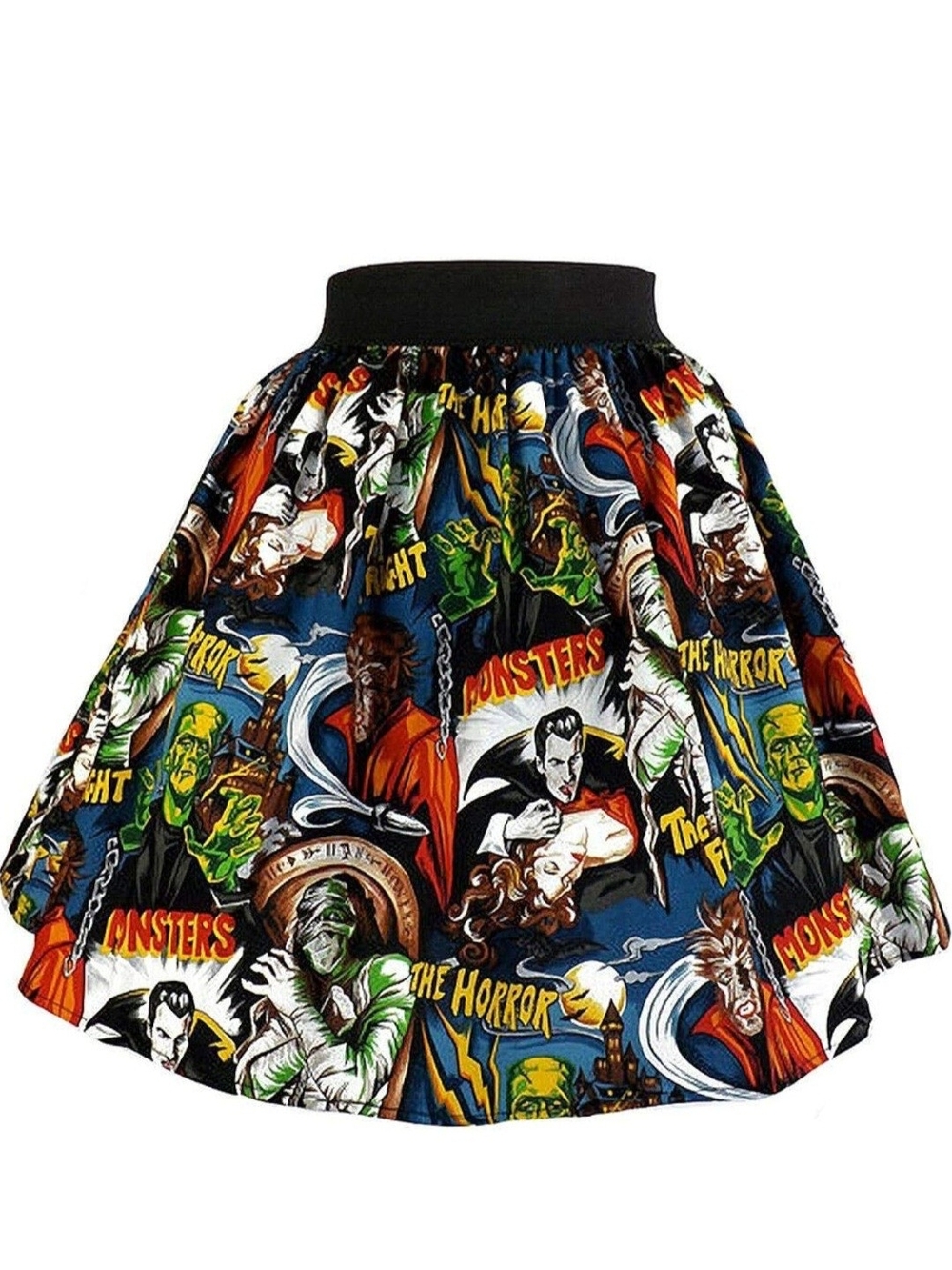 Graphic Vintage Horror Comic Circle Skirt - Black